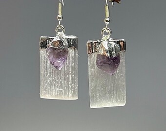 Selenite Gemstone Earrings, Selenite Dangle Earrings with Amethyst Stone Accent