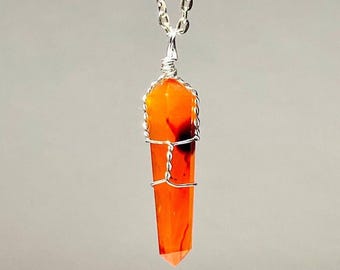 Carnelian Pendant Wire Wrapped with Chain