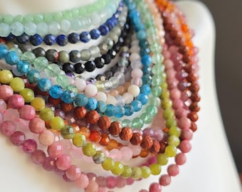 Faceted Gemstone Choker Necklace: 16" Adjustable Crystal Choker with 4mm Beads