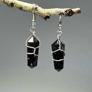 Black Tourmaline Crystal Dangle Earrings, Tourmaline Wire Wrapped Gemstone Earrings
