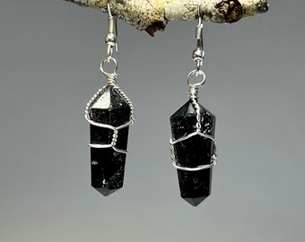 Black Tourmaline Crystal Dangle Earrings, Tourmaline Wire Wrapped Gemstone Earrings