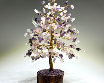Gemstone Crystal Tree of Prosperity | Quartz, Amethyst, Rose Quartz Petals with Natural Wood Base