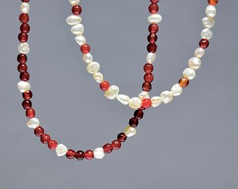Carnelian Crystal Choker Necklace with Pearls, 16 inch Carnelian and Pearl Gemstone Choker