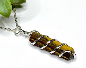 Wire Wrapped Tiger Eye Gemstone Pendant Necklace
