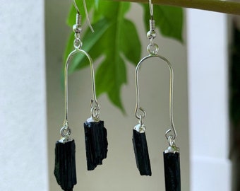 Black Tourmaline Crystal Earrings, Tourmaline Gemstone Dangle Earrings