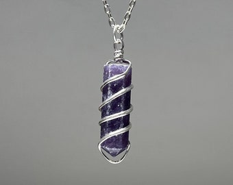 Lepidolite Necklace, Lepidolite Wire Wrapped Pendant with Free Chain