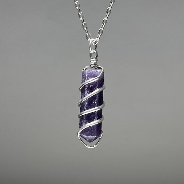 Lepidolite Necklace, Lepidolite Wire Wrapped Pendant with Free Chain