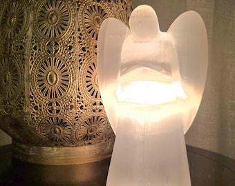 Selenite Angel Crystal Table Lamp, Large Unique Crystal Tower