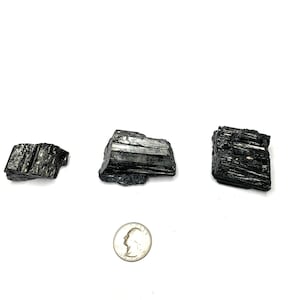 Three black tourmaline crystals of varying sizes and shapes. The crystals are raw and have a natural, rough texture. The crystals are arranged in a row on a white background.