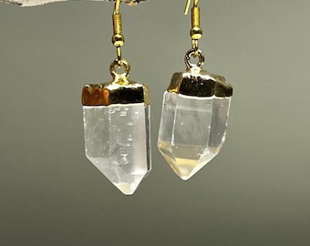 Quartz Crystal Dangle Earrings: Gold Plated Boho Gemstone