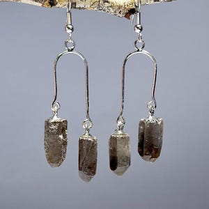 Smoky Quartz Crystal Dangle Earrings: Silver Plated Ear Wire