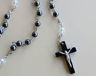 Hematite Rosary Necklace with Crucifix Pendant
