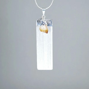 Selenite and Citrine Crystal Pendant Necklace: Silver Plated Chain