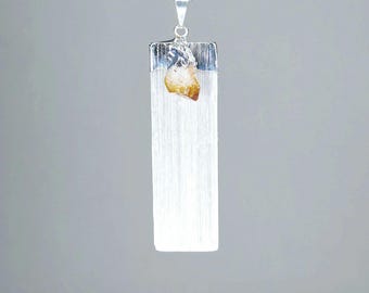 Selenite and Citrine Crystal Necklace, Selenite Gemstone Pendant with Citrine Accent and Complimentary Chain