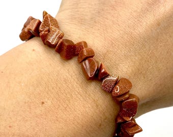 Red Goldstone Beaded Bracelet, Goldstone Crystal Chips Stretch Bracelet