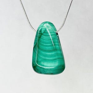 Malachite Pear Pendant Necklace: Silver Plated Bail, 18&quot; Snake Chain