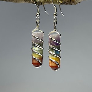 Rainbow Chakra Crystal Earrings, 7 Chakra Gemstone Wire Wrapped Dangle Earrings, SP