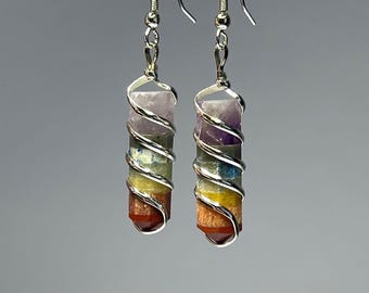Rainbow Chakra Crystal Earrings, 7 Chakra Gemstone Wire Wrapped Dangle Earrings, SP