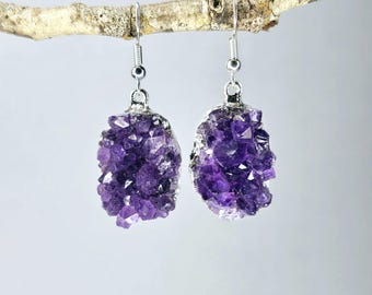 Amethyst Druze Crystal Earrings, Amethyst Gemstone Dangle Earrings