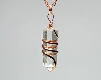Clear Quartz Copper Wrapped Crystal Necklace, Quartz Copper Wrapped Gemstone Pendant with Chain