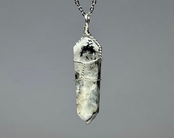 Moonstone Crystal Necklace, Moonstone Wire Wrapped Gemstone Pendant with Chain