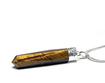 Tiger Eye Crystal Point Necklace: Silver Accent, 18" Snake Chain