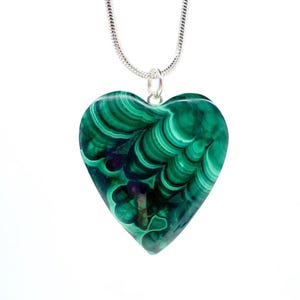 Malachite Heart Pendant Necklace: Silver Plated Bail, 18&quot; Snake Chain