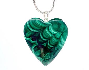 Malachite Crystal Heart Pendant Necklace, Malachite Crystal Pendant with Chain