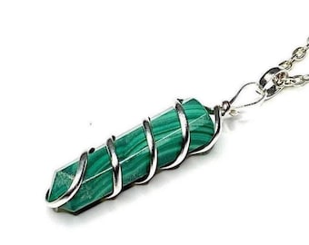 Malachite Pendant Necklace, Malachite Crystal Pendant Wire Wrapped with Chain