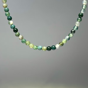 Moss Agate Beaded Choker Necklace: 4mm Gemstone Crystal, Adjustable