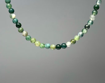 Moss Agate Crystal Beaded Choker Necklace, 16 Inch Moss Agate Gemstone Choker