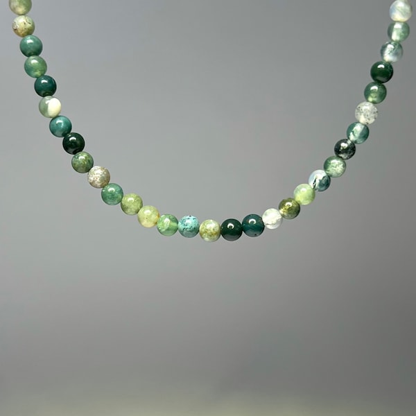 Moss Agate Crystal Beaded Choker Necklace, 16 Inch Moss Agate Gemstone Choker