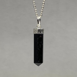 Black Tourmaline Crystal Point Necklace: Silver Plated Pendant, 18&quot; Chain