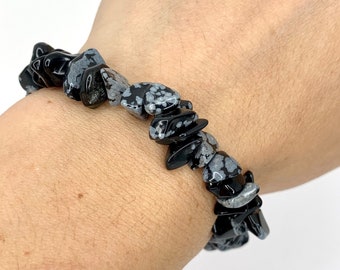 Snowflake Obsidian Crystal Chips Bracelet, Obsidian Gemstone Beaded Bracelet