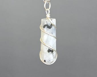 Moonstone Crystal Necklace - Wire Wrapped Gemstone Pendant with 18" Chain