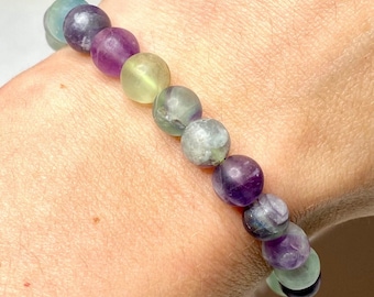 Rainbow Fluorite Crystal Bracelet: Handmade Gemstone Beaded Bracelet, 8mm Matte Bead