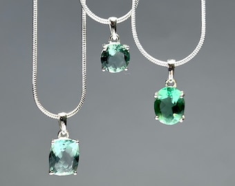 Green Fluorite Gemstone Pendant Necklace, Fluorite Crystal Sterling Silver Pendant with Chain