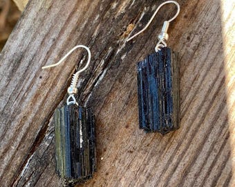 Black Tourmaline Crystal Earrings, Tourmaline Gemstone Dangle Earrings