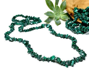 Malachite Long Crystal Necklace, 36" Green Gemstone Chips Necklace