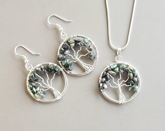 Emerald Tree of Life Pendant & Earrings Set – Wire Wrapped