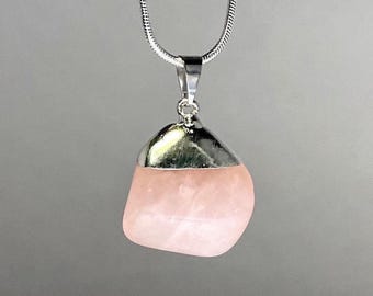 Rose Quartz Crystal Necklace, Rose Quartz Gemstone Pendant with Chain