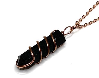 Black Tourmaline Necklace | Tourmaline Pendant Wire Wrapped with Chain - Copper
