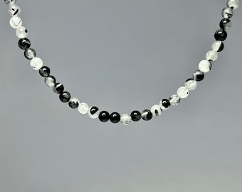 Tourmalinated Quartz Beaded Choker Necklace, 16 inch Tourmalinated Gemstone Choker