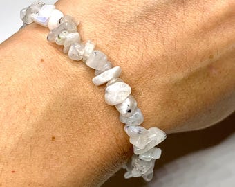 Rainbow Moonstone Crystal Chip Bracelet: Gemstone Beaded Stretch Bracelet