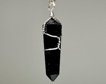 Black Obsidian Gemstone Point Pendant, Obsidian Wire Wrapped Crystal Pendant