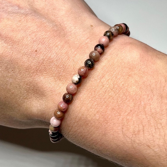 Black Vein Rhodonite Crystal Bracelet: 4mm Gemstone Beaded Bracelet
