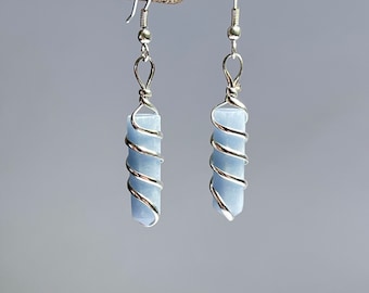 Angelite Gemstone Dangle Earrings, Angelite Crystal Wire Wrapped Earrings