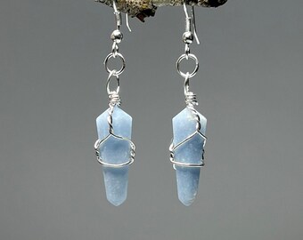 Angelite Gemstone Dangle Earrings, Angelite Crystal Wire Wrapped Earrings