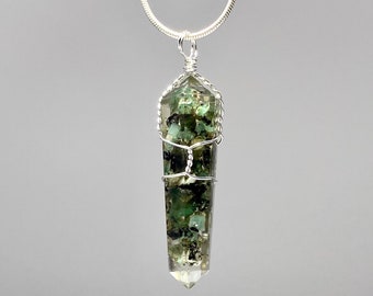 Emerald Orgonite Pendant Wire Wrapped with Chain, Emerald Orgonite Pendant Necklace