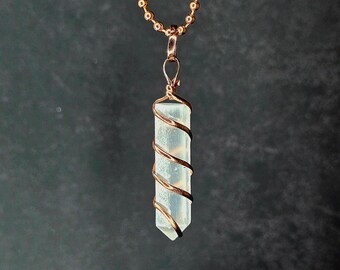 Selenite Pendant With Copper Wire Wrap , Selenite Copper Wire Wrapped Gemstone Pendant with Chain.